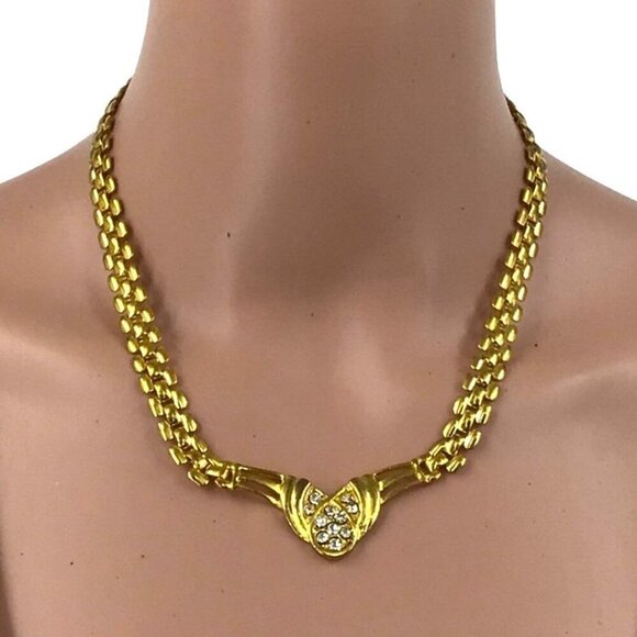 Gold Tone Statement Necklace Rhinestone Inlay 17 Inch Length - Picture 1 of 2